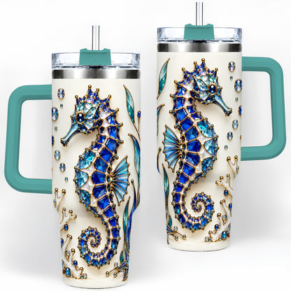 #pl[40oz|Green] Blue Seahorse 40oz Tumbler, Faceted Coral and Aquatic Leaf Artwork