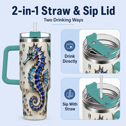 #pl[40oz|Green] Blue Seahorse 40oz Tumbler, Faceted Coral and Aquatic Leaf Artwork