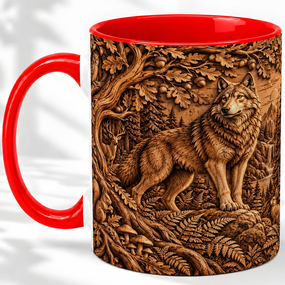 Woodland Wolf Accent Mug, Ceramic Mug with Forest Animal Artwork