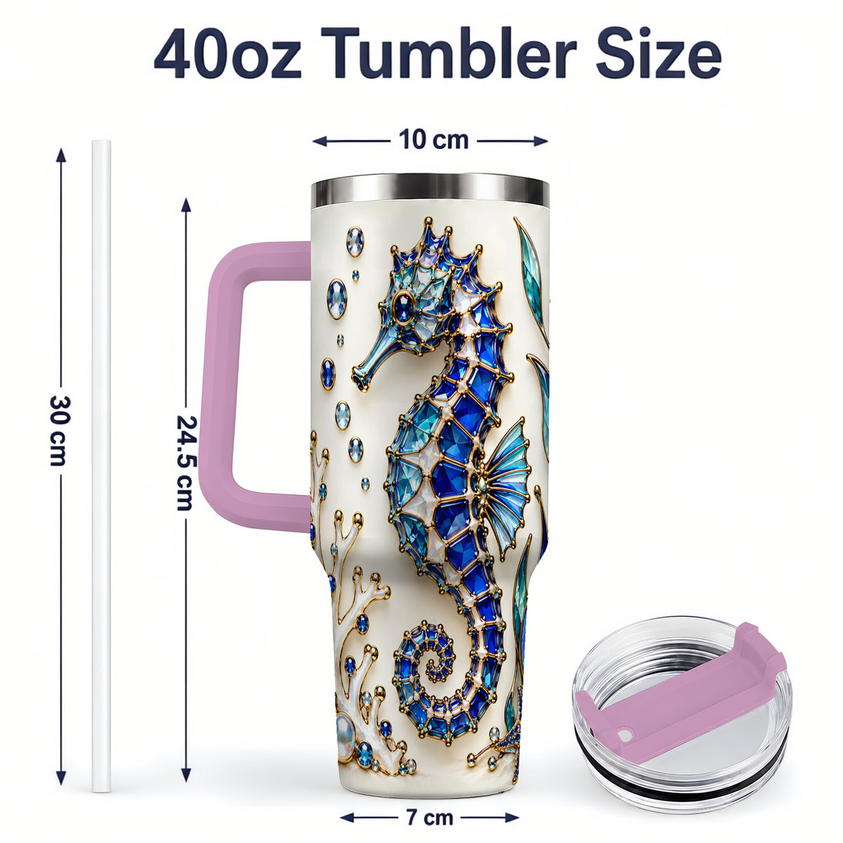 #pl[40oz|Pink] Blue Seahorse 40oz Tumbler, Faceted Coral and Aquatic Leaf Artwork