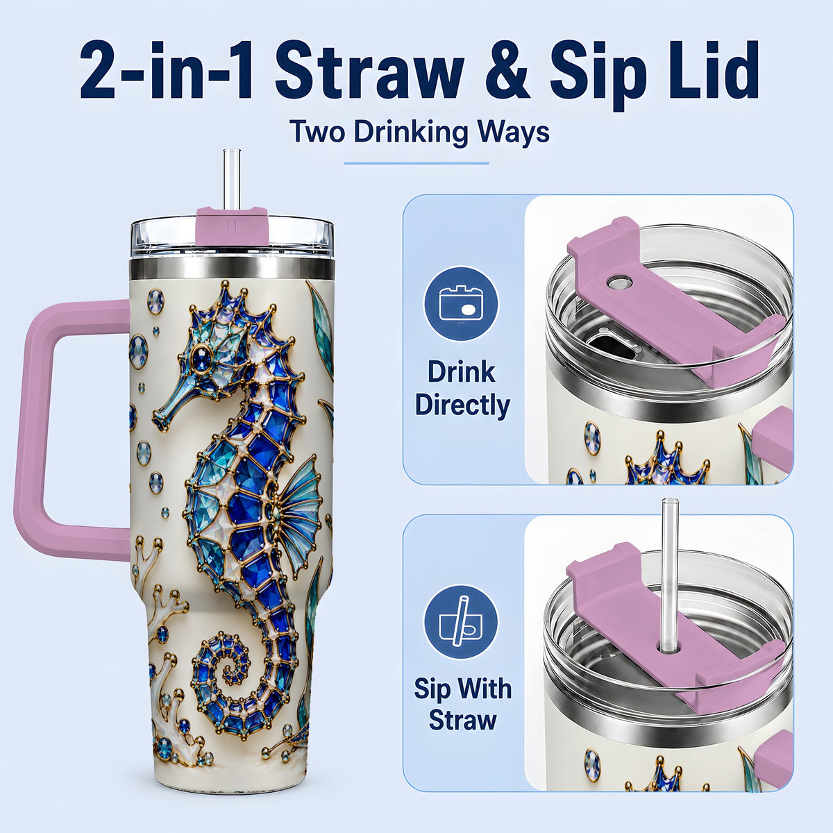 #pl[40oz|Pink] Blue Seahorse 40oz Tumbler, Faceted Coral and Aquatic Leaf Artwork
