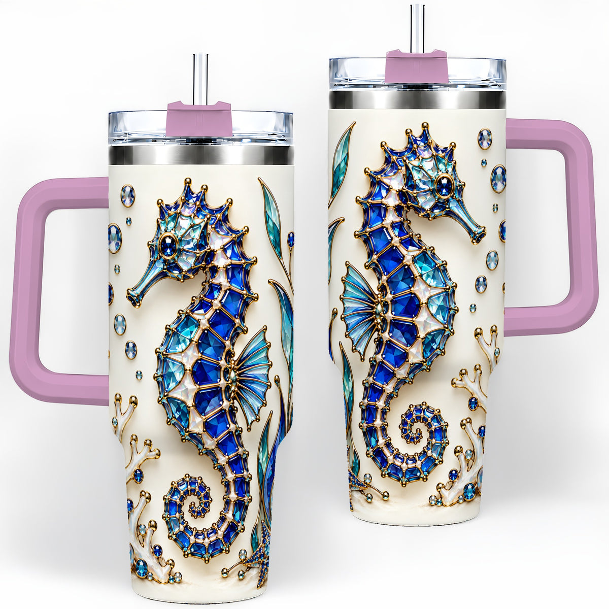 #pl[40oz|Pink] Blue Seahorse 40oz Tumbler, Faceted Coral and Aquatic Leaf Artwork