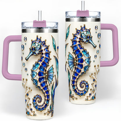 #pl[40oz|Pink] Blue Seahorse 40oz Tumbler, Faceted Coral and Aquatic Leaf Artwork