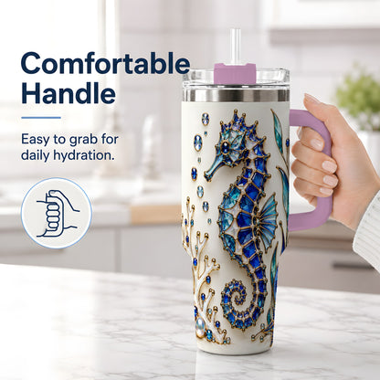 #pl[40oz|Pink] Blue Seahorse 40oz Tumbler, Faceted Coral and Aquatic Leaf Artwork