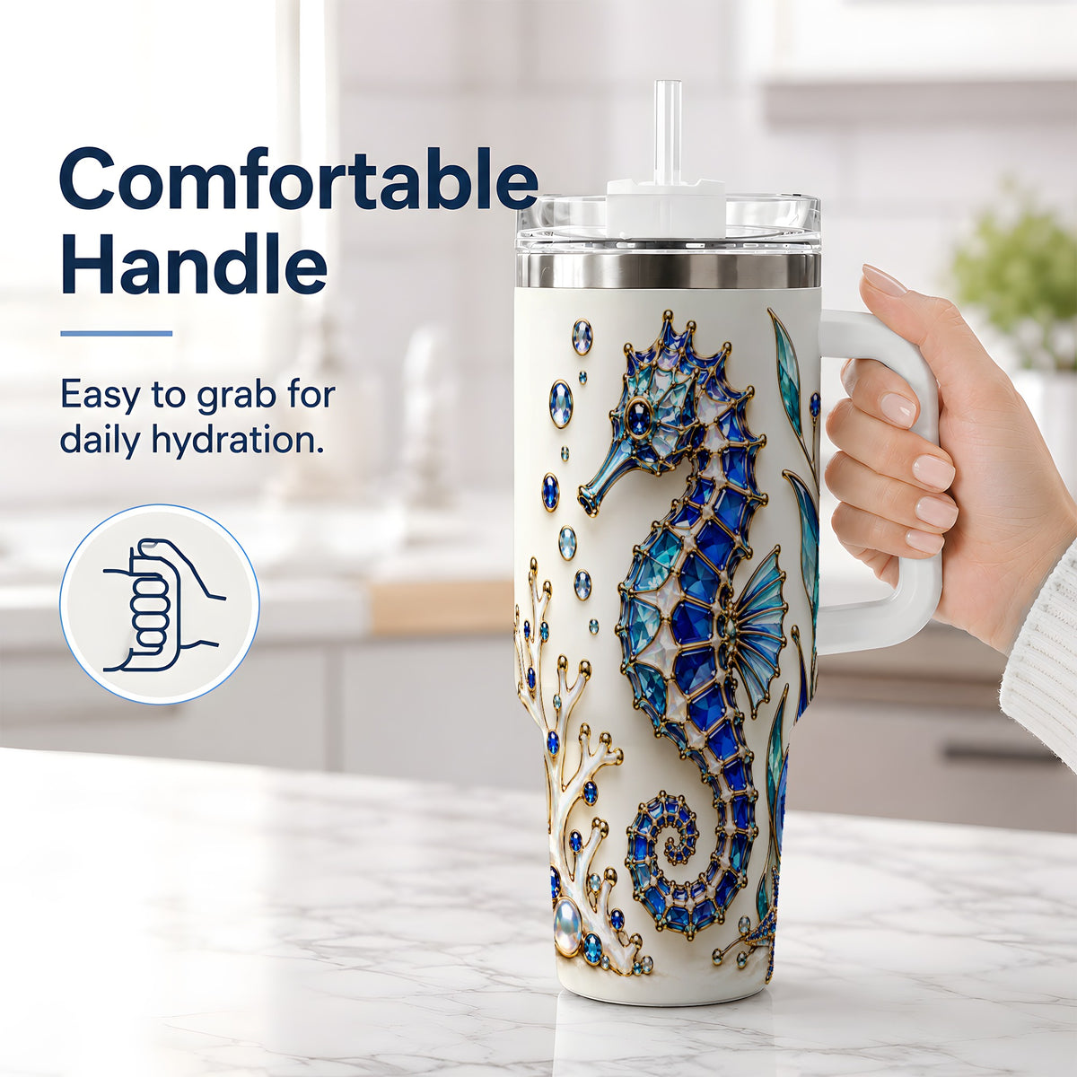 #pl[40oz|White] Blue Seahorse 40oz Tumbler, Faceted Coral and Aquatic Leaf Artwork