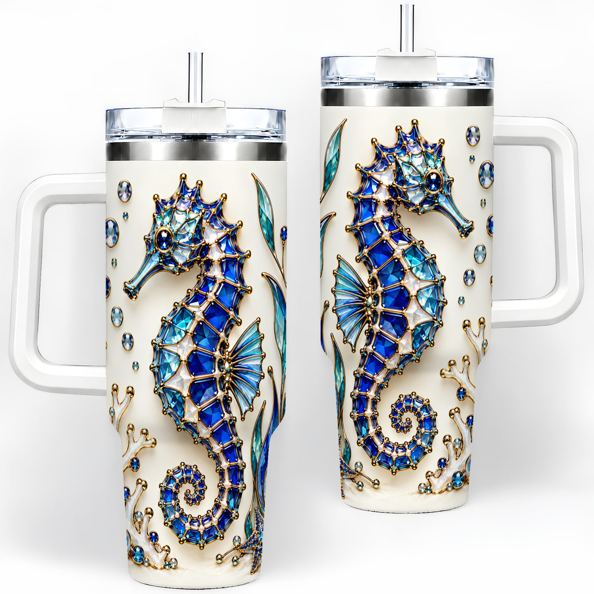 Blue Seahorse 40oz Tumbler, Faceted Coral and Aquatic Leaf Artwork