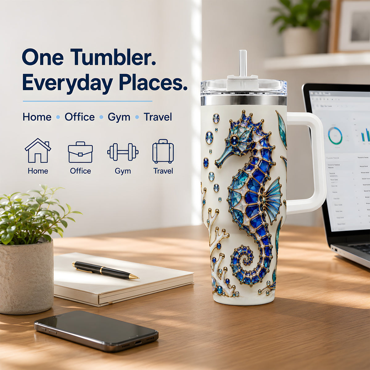 Blue Seahorse 40oz Tumbler, Faceted Coral and Aquatic Leaf Artwork