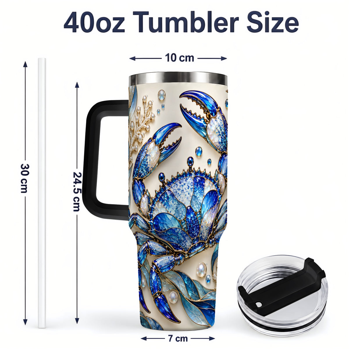 #pl[40oz|Black] Blue Crab 40oz Tumbler, Faceted Seaweed Coral and Pearl Artwork
