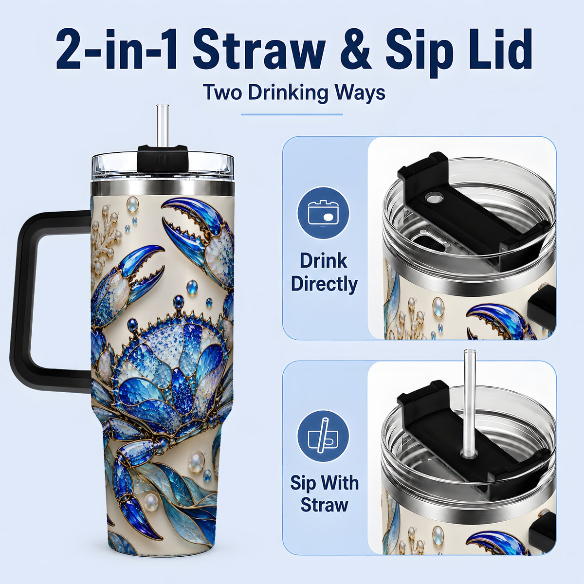 #pl[40oz|Black] Blue Crab 40oz Tumbler, Faceted Seaweed Coral and Pearl Artwork
