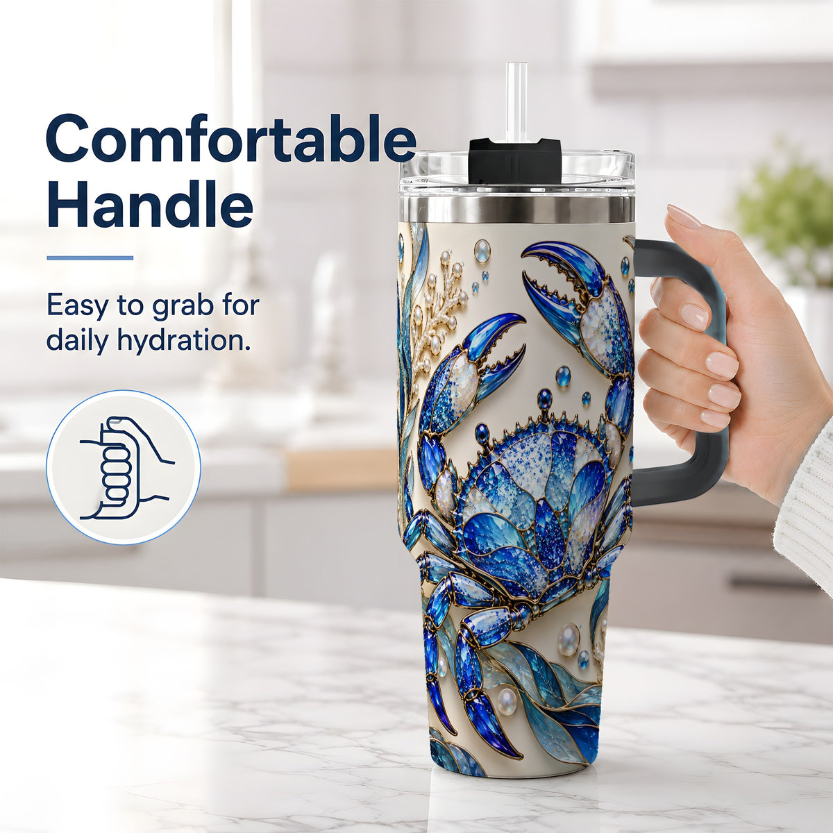 #pl[40oz|Black] Blue Crab 40oz Tumbler, Faceted Seaweed Coral and Pearl Artwork