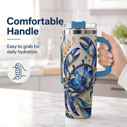 #pl[40oz|Blue] Blue Crab 40oz Tumbler, Faceted Seaweed Coral and Pearl Artwork