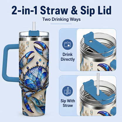#pl[40oz|Blue] Blue Crab 40oz Tumbler, Faceted Seaweed Coral and Pearl Artwork