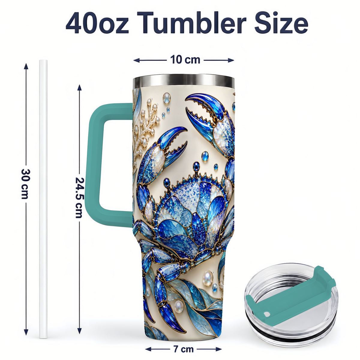 #pl[40oz|Green] Blue Crab 40oz Tumbler, Faceted Seaweed Coral and Pearl Artwork