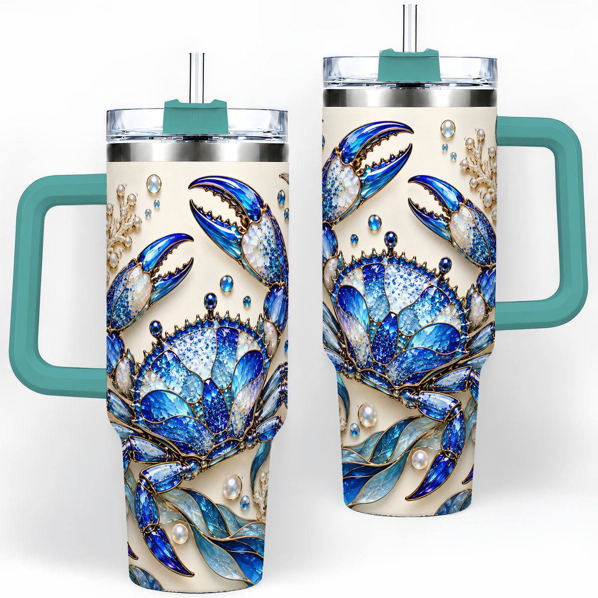 #pl[40oz|Green] Blue Crab 40oz Tumbler, Faceted Seaweed Coral and Pearl Artwork