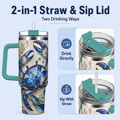 #pl[40oz|Green] Blue Crab 40oz Tumbler, Faceted Seaweed Coral and Pearl Artwork