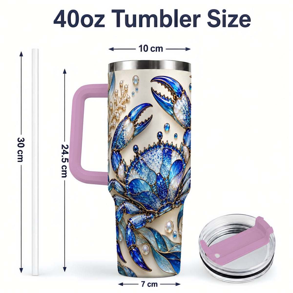 #pl[40oz|Pink] Blue Crab 40oz Tumbler, Faceted Seaweed Coral and Pearl Artwork