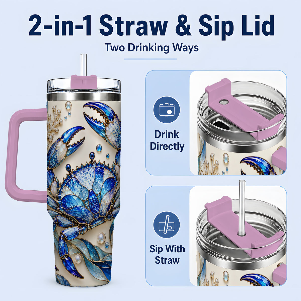 #pl[40oz|Pink] Blue Crab 40oz Tumbler, Faceted Seaweed Coral and Pearl Artwork
