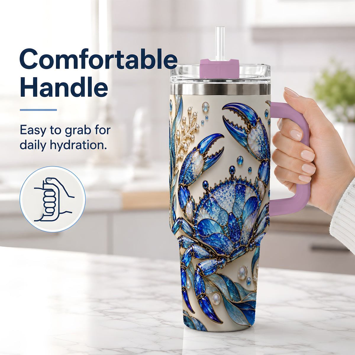 #pl[40oz|Pink] Blue Crab 40oz Tumbler, Faceted Seaweed Coral and Pearl Artwork