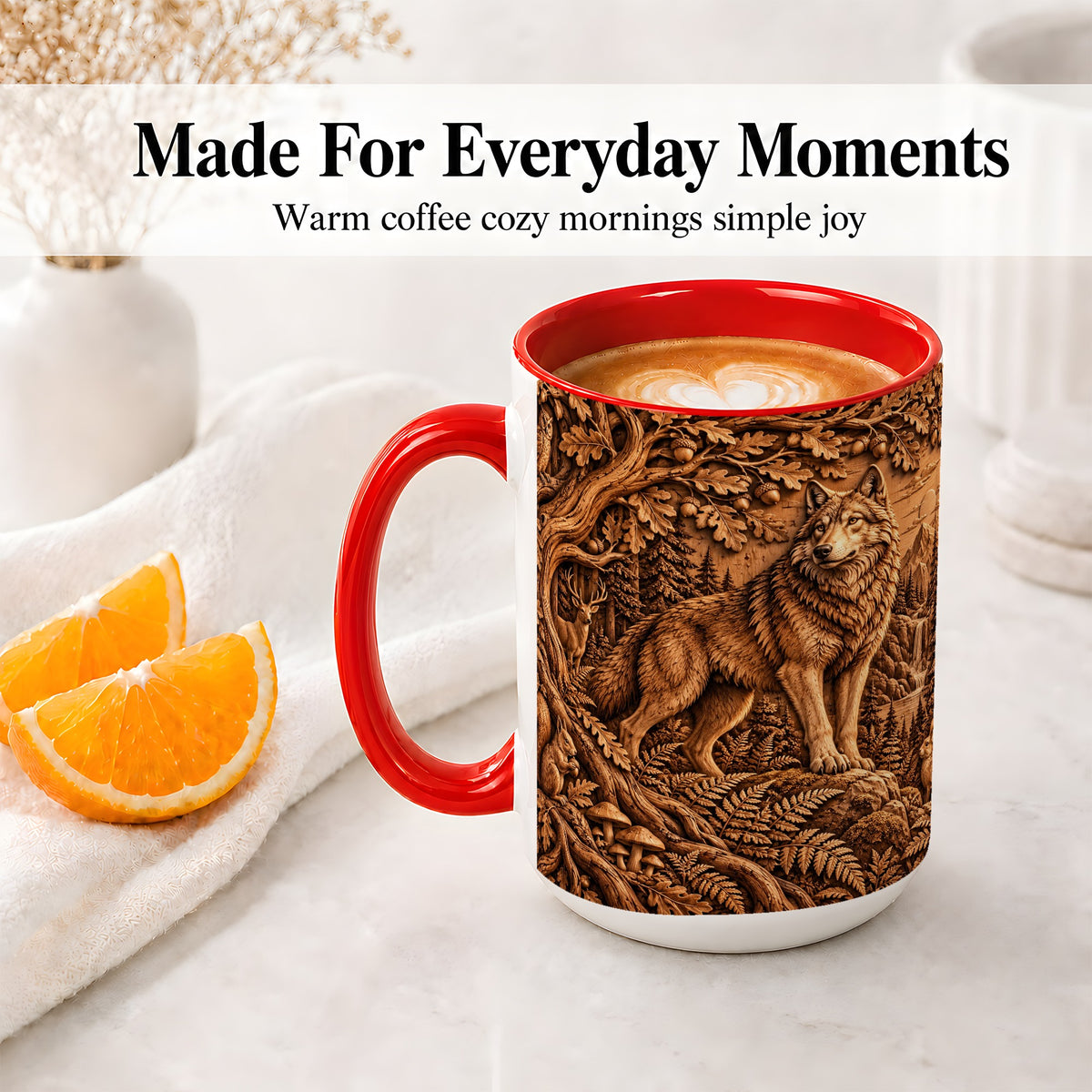 #pl[15oz|Red] Woodland Wolf Accent Mug, Ceramic Mug with Forest Animal Artwork