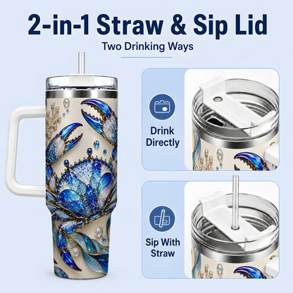 #pl[40oz|White] Blue Crab 40oz Tumbler, Faceted Seaweed Coral and Pearl Artwork