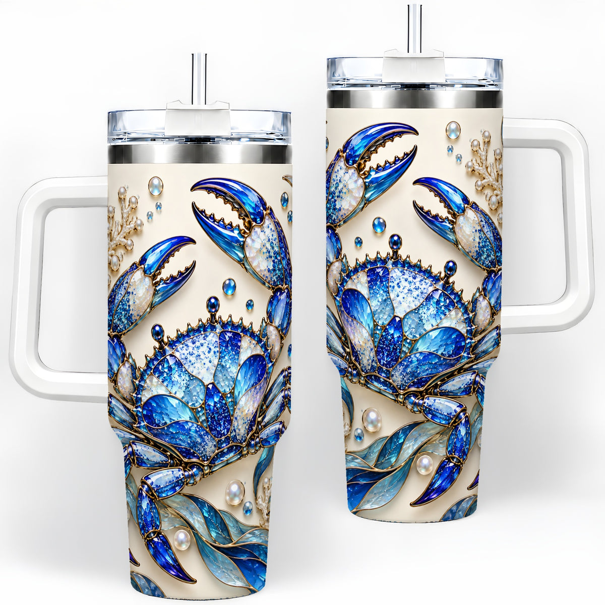 Blue Crab 40oz Tumbler, Faceted Seaweed Coral and Pearl Artwork