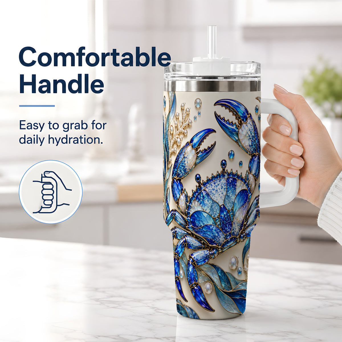 #pl[40oz|White] Blue Crab 40oz Tumbler, Faceted Seaweed Coral and Pearl Artwork