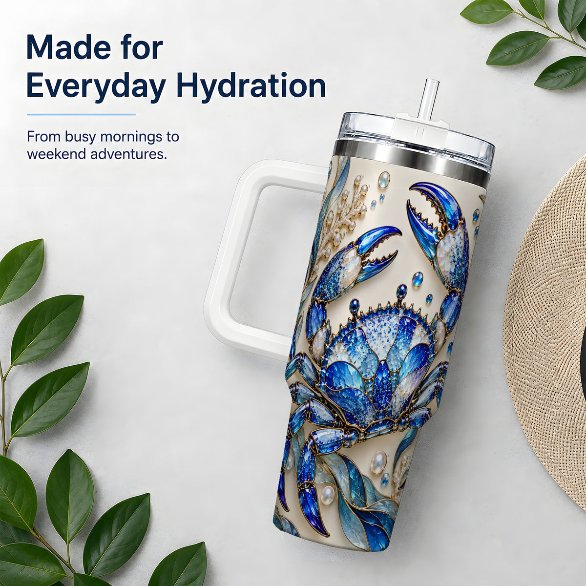 Blue Crab 40oz Tumbler, Faceted Seaweed Coral and Pearl Artwork