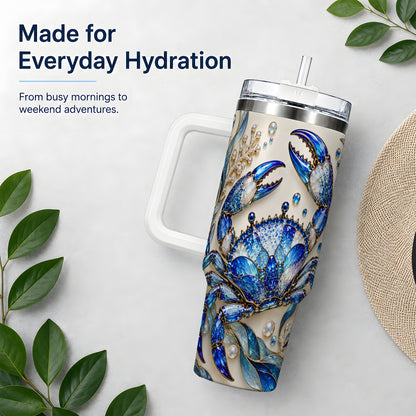 Blue Crab 40oz Tumbler, Faceted Seaweed Coral and Pearl Artwork