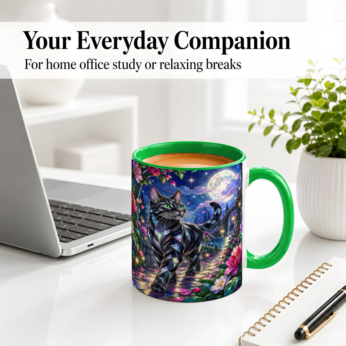 #pl[11oz|Green] Stained Glass Style Cat Accent Mug, Ceramic Mug with Floral Art