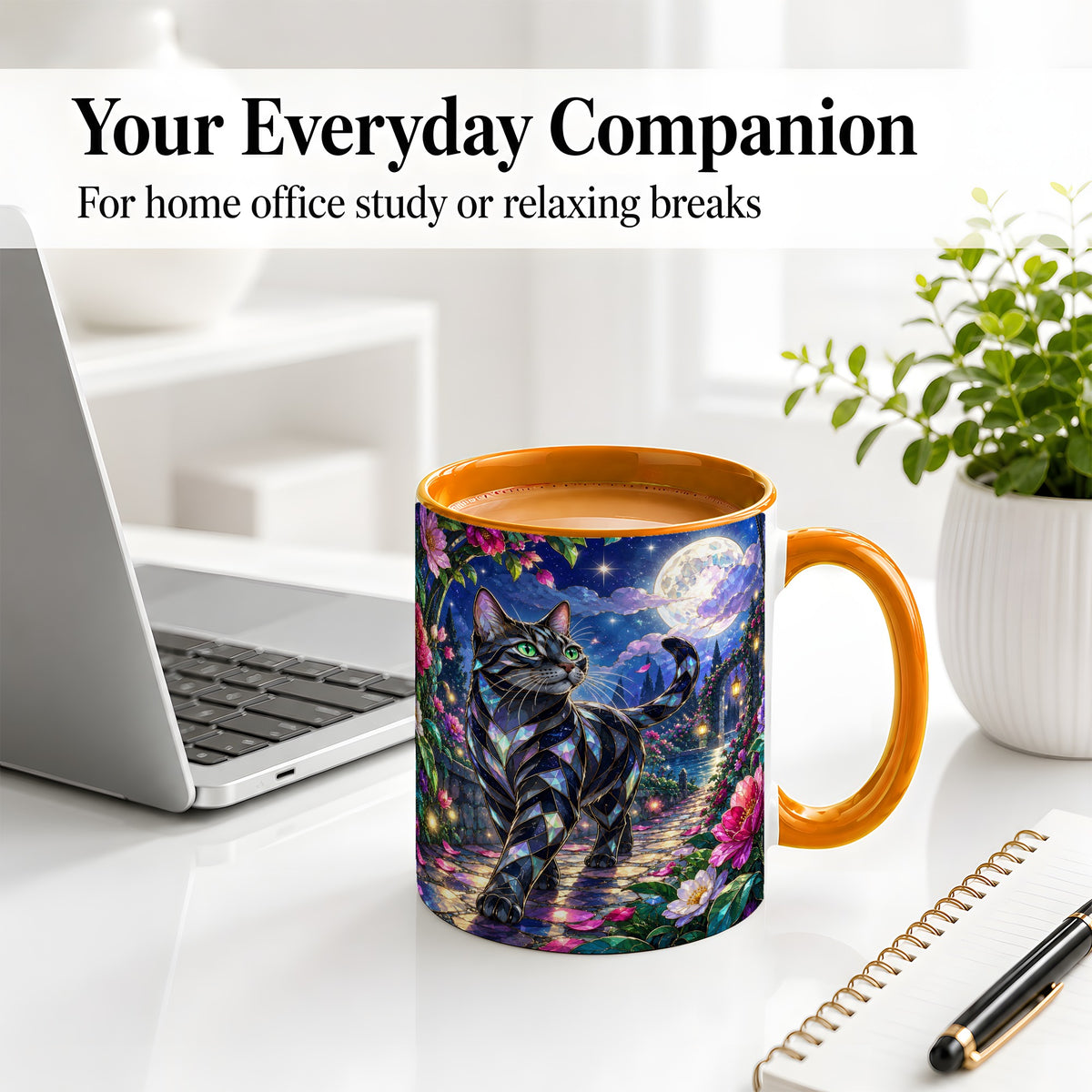 #pl[11oz|Orange] Stained Glass Style Cat Accent Mug, Ceramic Mug with Floral Art