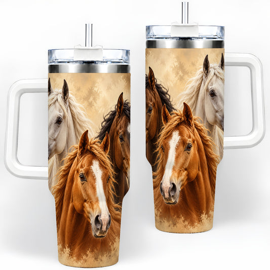 Three Horse Portrait 40oz Tumbler, Rustic Equestrian Artwork