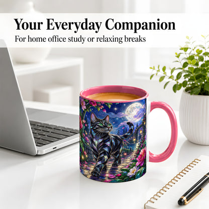 #pl[11oz|Pink] Stained Glass Style Cat Accent Mug, Ceramic Mug with Floral Art
