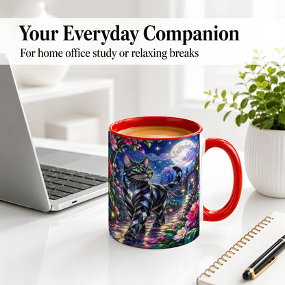 #pl[11oz|Red] Stained Glass Style Cat Accent Mug, Ceramic Mug with Floral Art