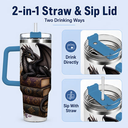 #pl[40oz|Blue] Black Dragon Books 40oz Tumbler, Gothic Fantasy Floral Artwork