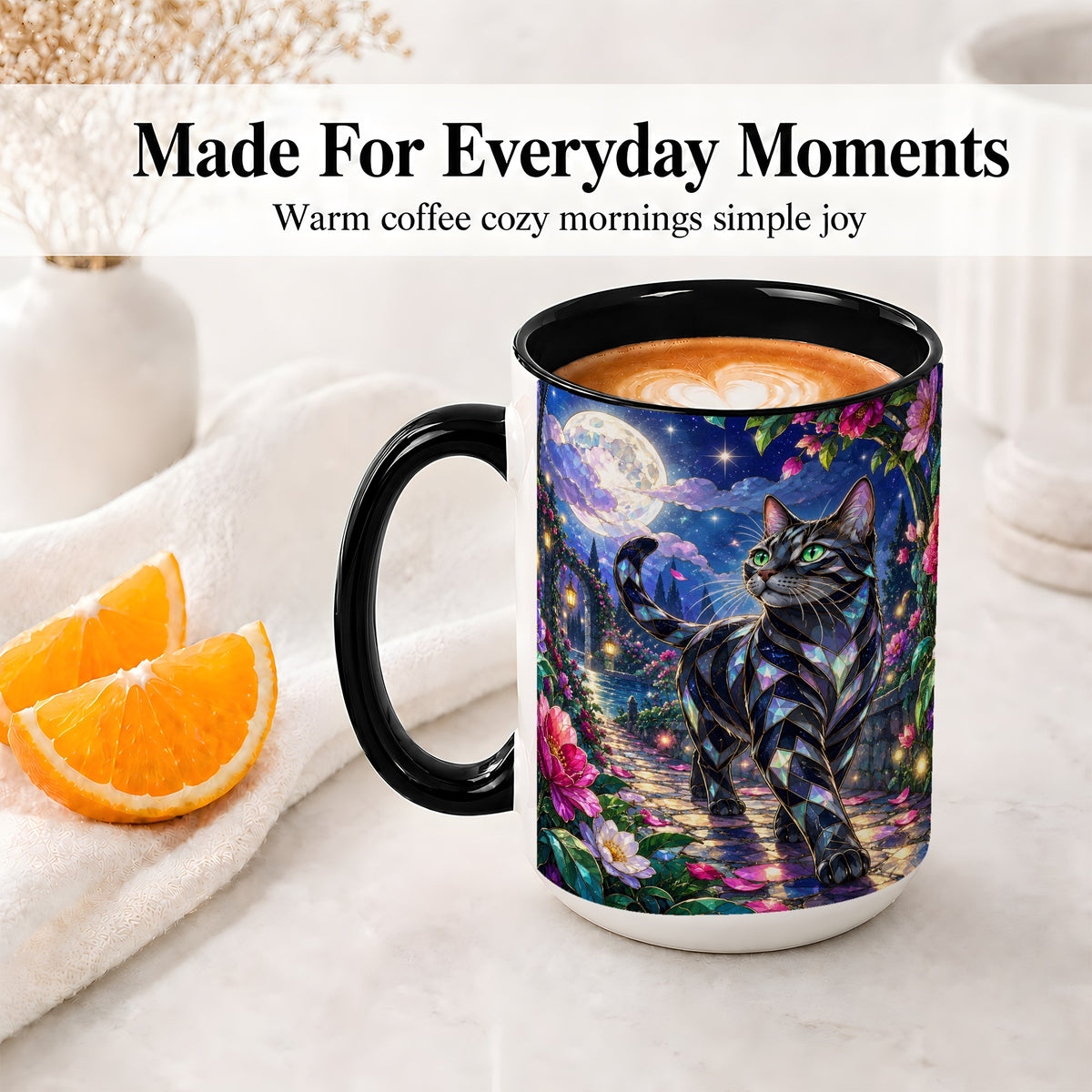 #pl[15oz|Black] Stained Glass Style Cat Accent Mug, Ceramic Mug with Floral Art