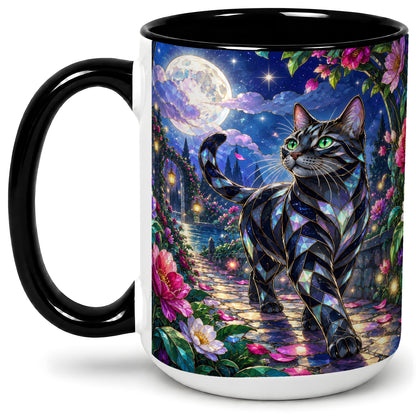 #pl[15oz|Black] Stained Glass Style Cat Accent Mug, Ceramic Mug with Floral Art