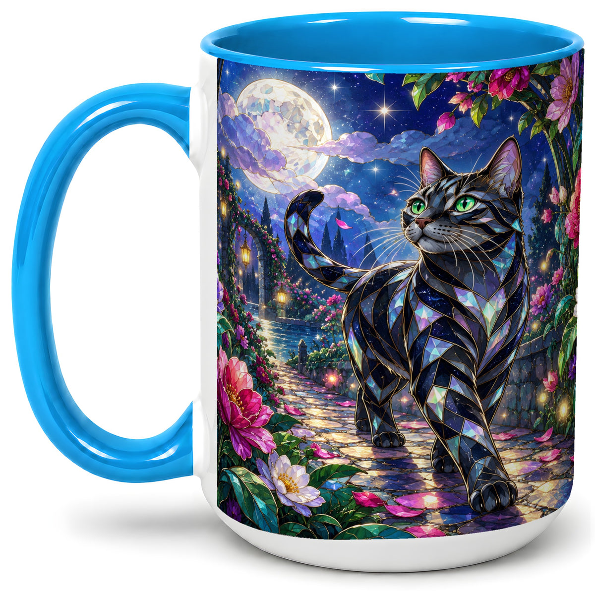 #pl[15oz|Blue] Stained Glass Style Cat Accent Mug, Ceramic Mug with Floral Art