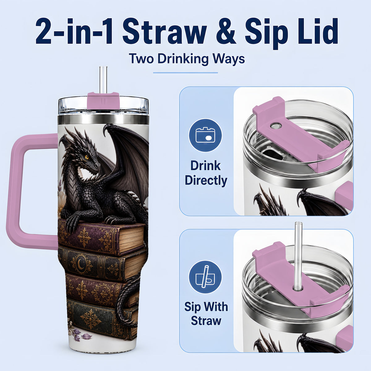 #pl[40oz|Pink] Black Dragon Books 40oz Tumbler, Gothic Fantasy Floral Artwork