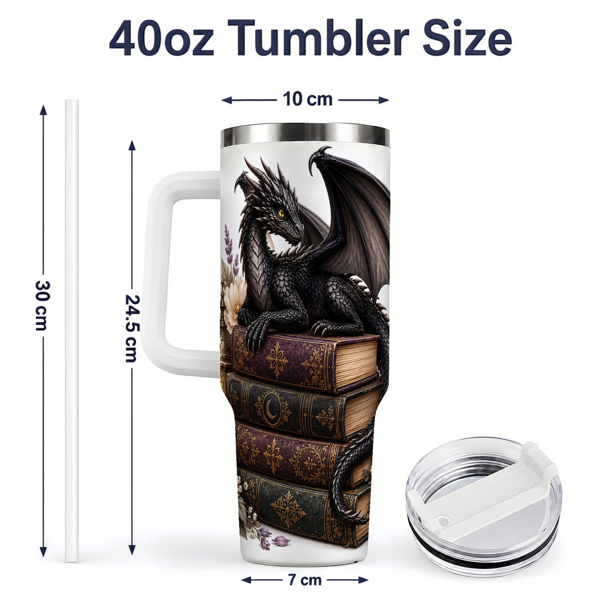 #pl[40oz|White] Black Dragon Books 40oz Tumbler, Gothic Fantasy Floral Artwork
