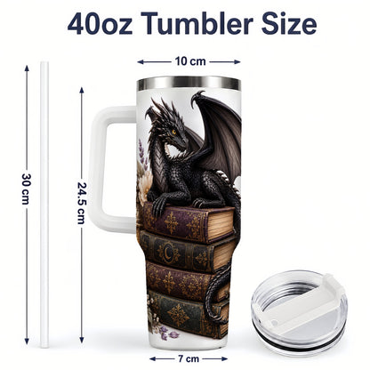 #pl[40oz|White] Black Dragon Books 40oz Tumbler, Gothic Fantasy Floral Artwork