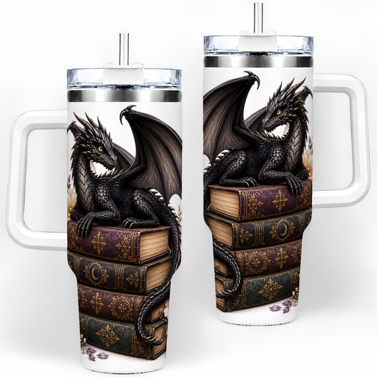 Black Dragon Books 40oz Tumbler, Gothic Fantasy Floral Artwork