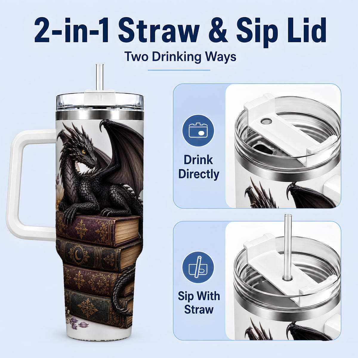 #pl[40oz|White] Black Dragon Books 40oz Tumbler, Gothic Fantasy Floral Artwork