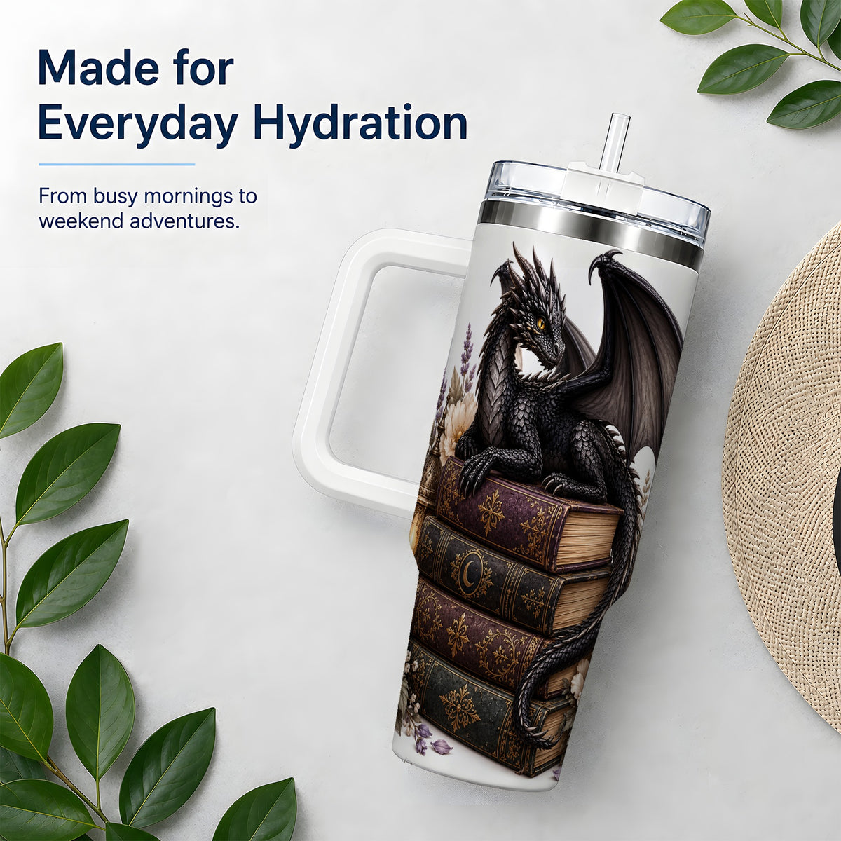 Black Dragon Books 40oz Tumbler, Gothic Fantasy Floral Artwork