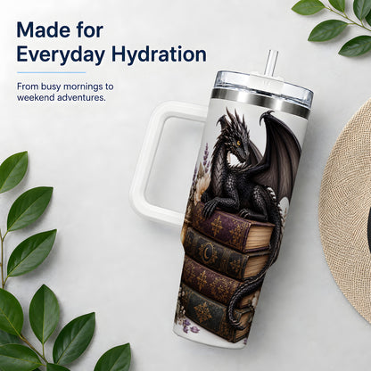 Black Dragon Books 40oz Tumbler, Gothic Fantasy Floral Artwork