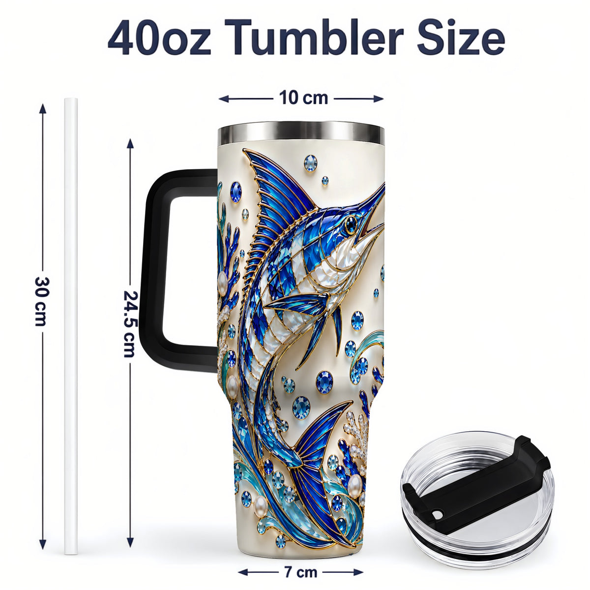 #pl[40oz|Black] Blue Billfish 40oz Tumbler, Faceted Ocean Coral and Pearl Artwork