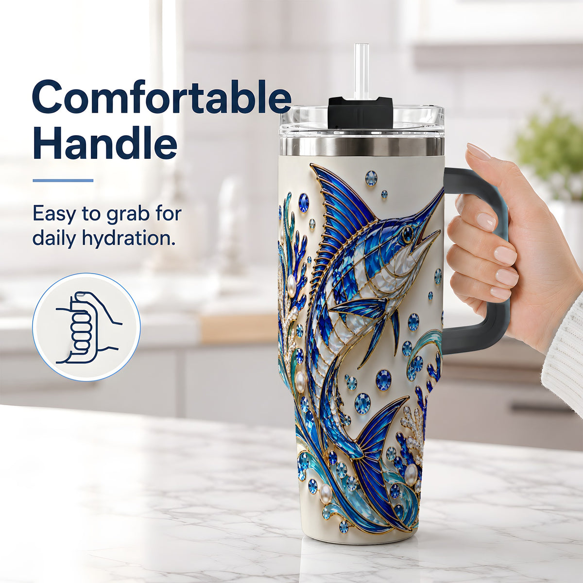 #pl[40oz|Black] Blue Billfish 40oz Tumbler, Faceted Ocean Coral and Pearl Artwork