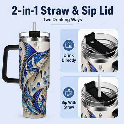 #pl[40oz|Black] Blue Billfish 40oz Tumbler, Faceted Ocean Coral and Pearl Artwork