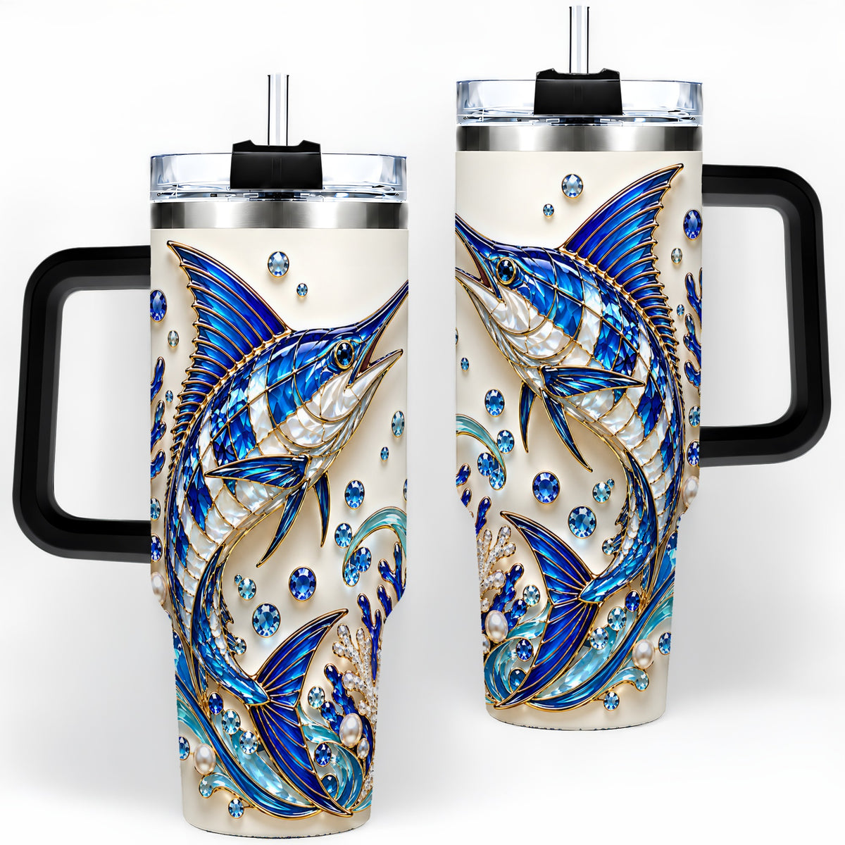 #pl[40oz|Black] Blue Billfish 40oz Tumbler, Faceted Ocean Coral and Pearl Artwork