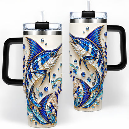 #pl[40oz|Black] Blue Billfish 40oz Tumbler, Faceted Ocean Coral and Pearl Artwork