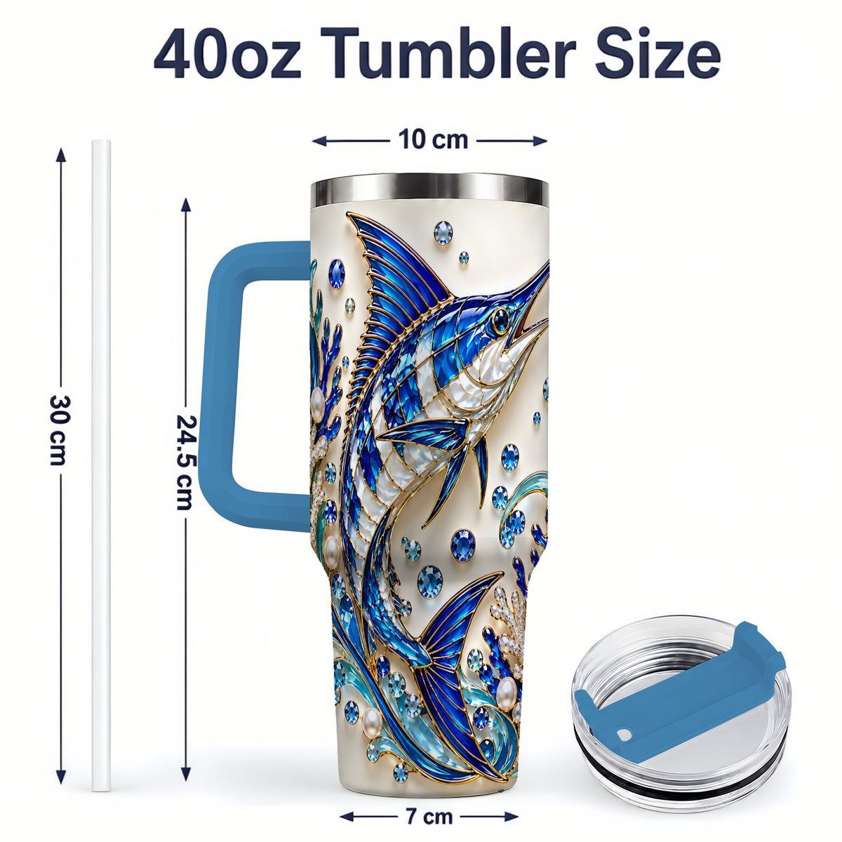 #pl[40oz|Blue] Blue Billfish 40oz Tumbler, Faceted Ocean Coral and Pearl Artwork